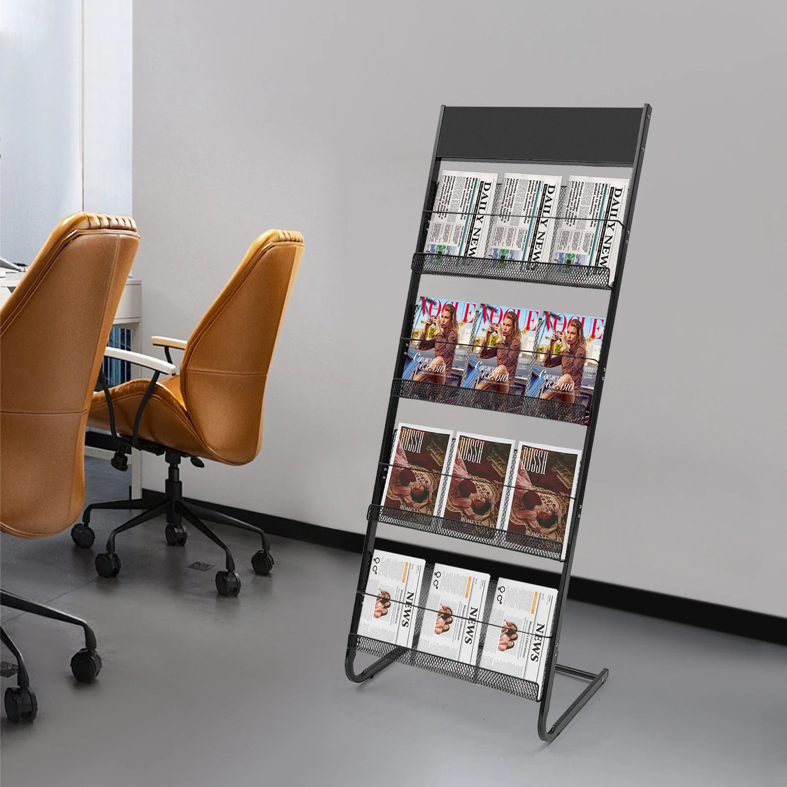 حامل عرض مجلات قائم على الأرض باللون الأسود مكون من 4 طبقات، رف صحف سلكي، للمنزل والمكتب، موفر للمساحة #3