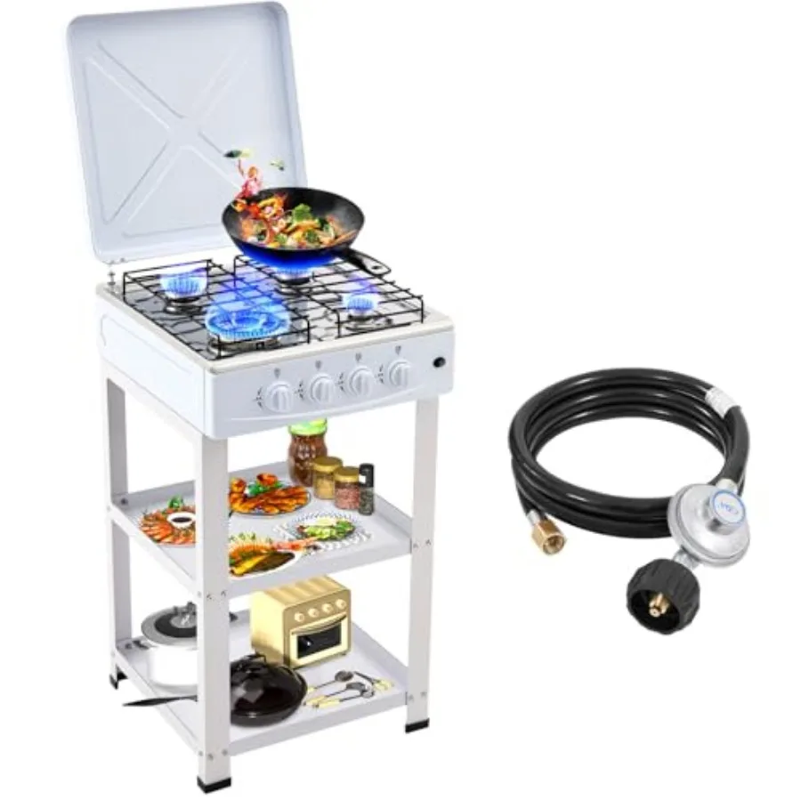

4 Burner Propane Gas Stove with 300 000 BTU High Output Portable Design Featuring Support Leg Stand and Wind Blocking Cover Ada