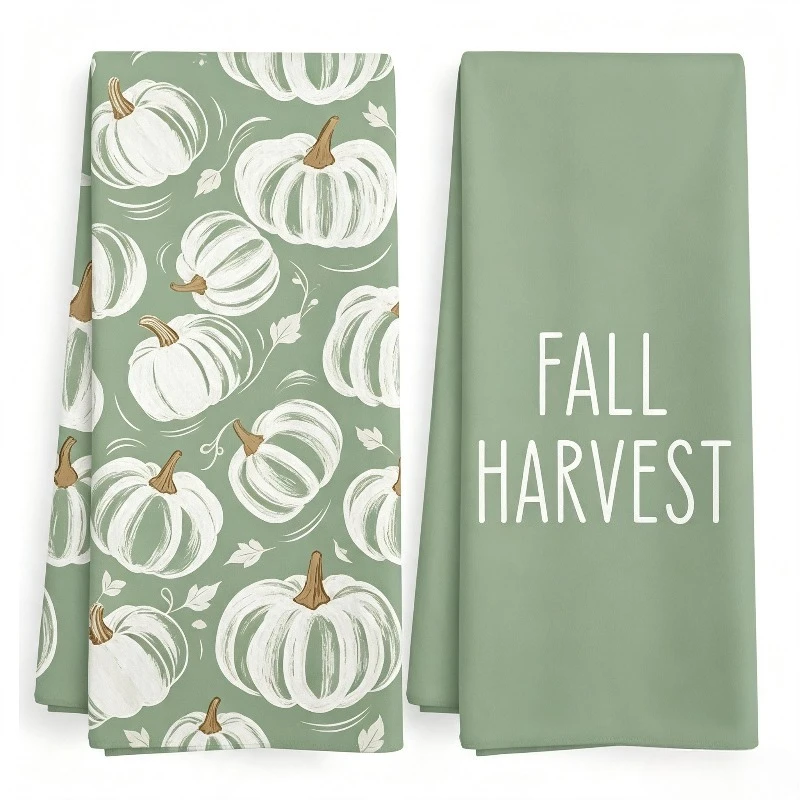 Pack of 2 towels Sage Green Autumn Pumpkin Kitchen Towel