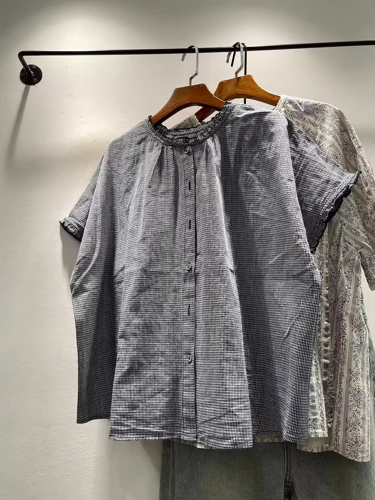 

Bust 128cm Mori girl summer Japanese style cotton black check shirts and blouses cotton women's plaid shirts