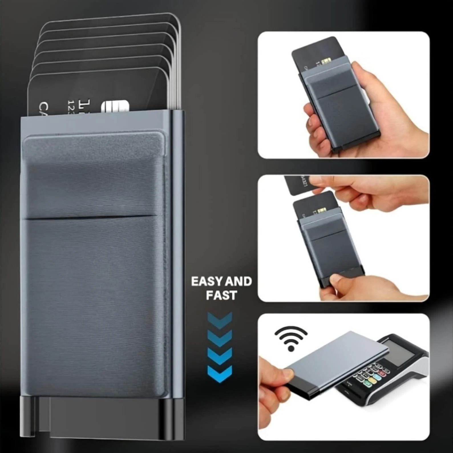 Cartera Delgada de Aluminio con Bloqueo RFID, Porta Tarjetas con Sistema Pop-Up, Bolsillo Trasero Elástico de Alta Gama, Estuche para Tarjetas de Crédito e Identificación, Monedero para Hombre y Mujer