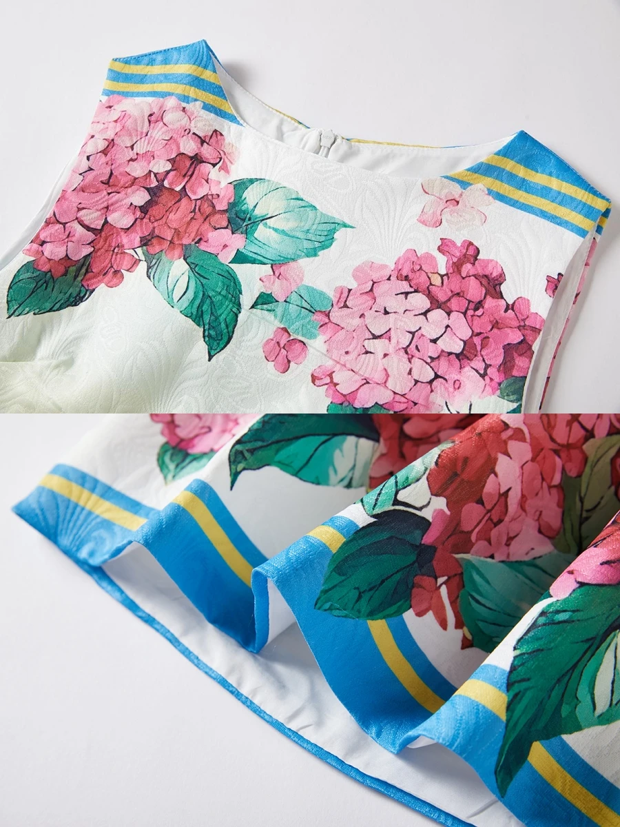 新しい夏休みアジサイの花ジャカードベストドレス女性のノースリーブタンクジッパー花柄 A ラインミニビーチ Vestidos