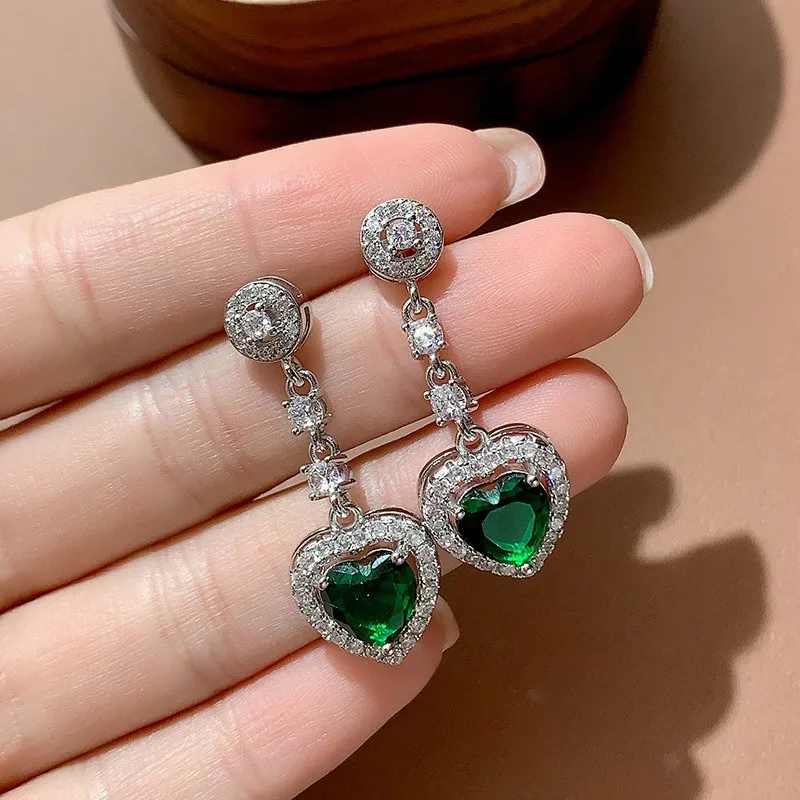 

Green Emerald Gemstones Diamonds Love Heart Drop Earrings for Women 18K White Gold Filled Sterling Silver 925 Bijoux Accessories
