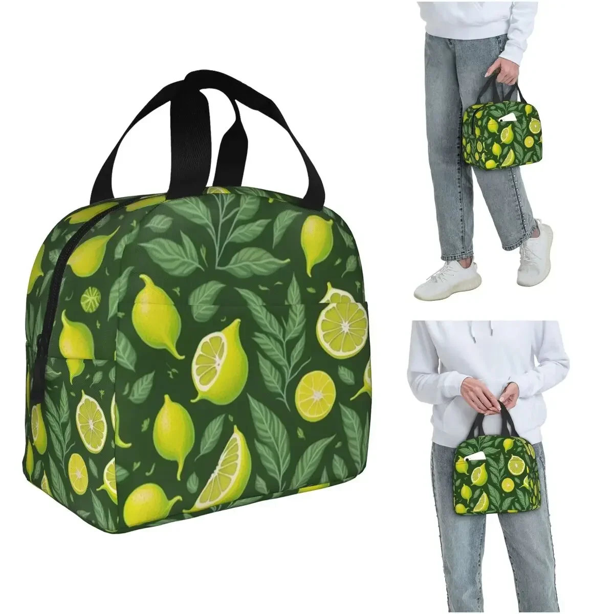 Green Lemon Pattern Insulated Lunch Bag for Women Children Portable Food Boxes Thermal Lunch Box Tote