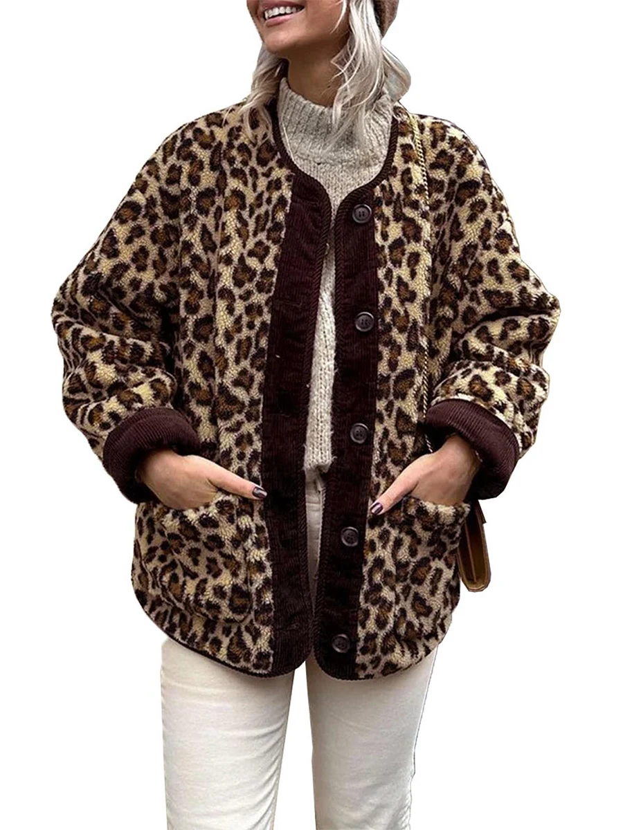 

Women Leopard Print Jacket Long Sleeve Button Closure Winter Jacket Casual Warm Outwear