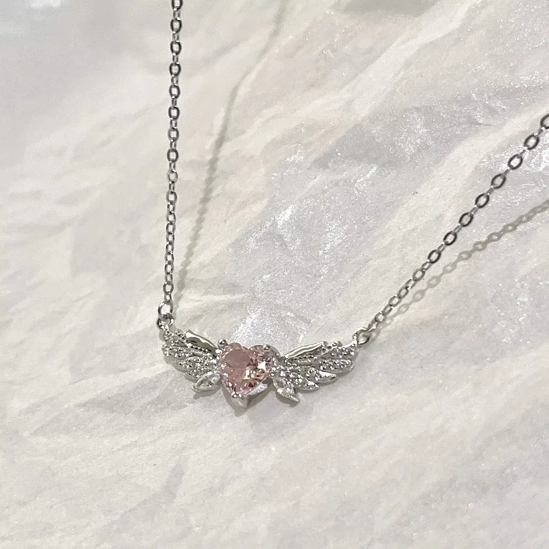 Luxury Sweet 925 Sterling Silver Angel's Wing Pink Crystal Heart-shaped Pendant Necklace for Woman Collarbone Chain Jewelry Gift