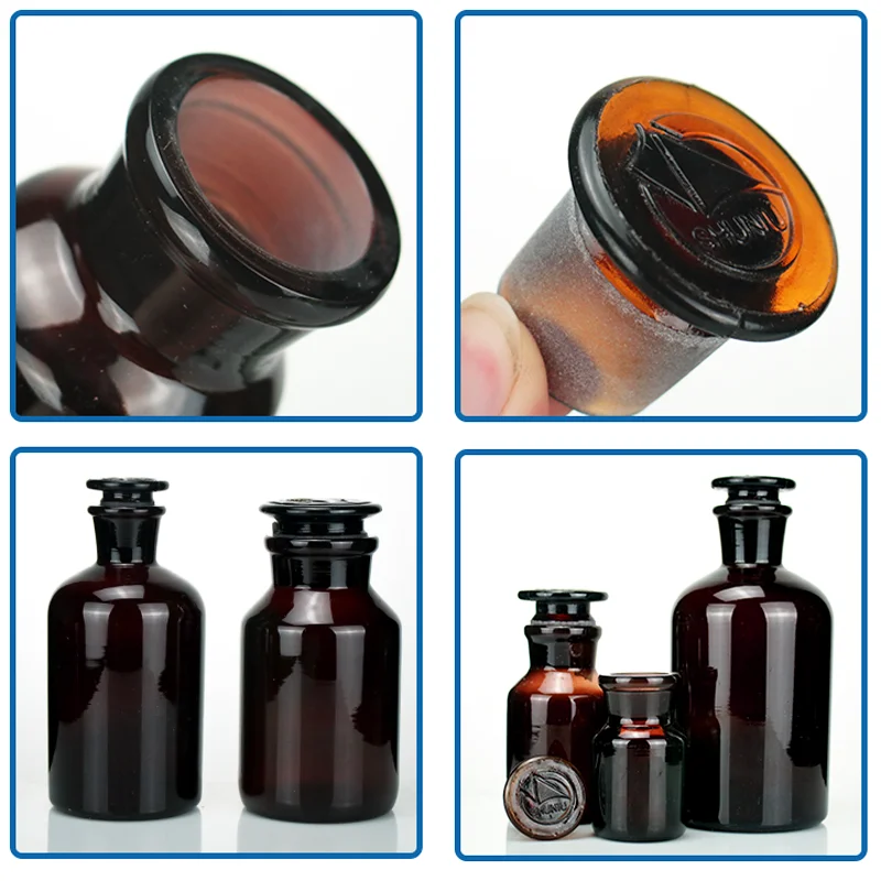 60ml 125ml 250ml 500ml 1000ml Boro Laboratory Sample Glass Reagent Bottle Wide Grounded Neck Jars Amber with Glass Stopper