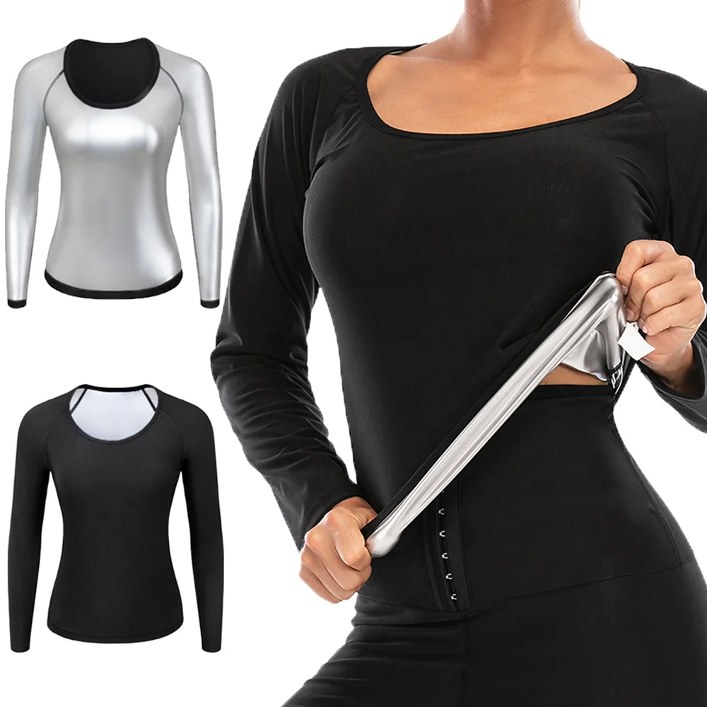Women Body Shaper Sauna Suits Sweat Slimming Waist Trainer Corset Long Sleeve Fat Burn Shapewear Gym Workout Tummy Control Tops