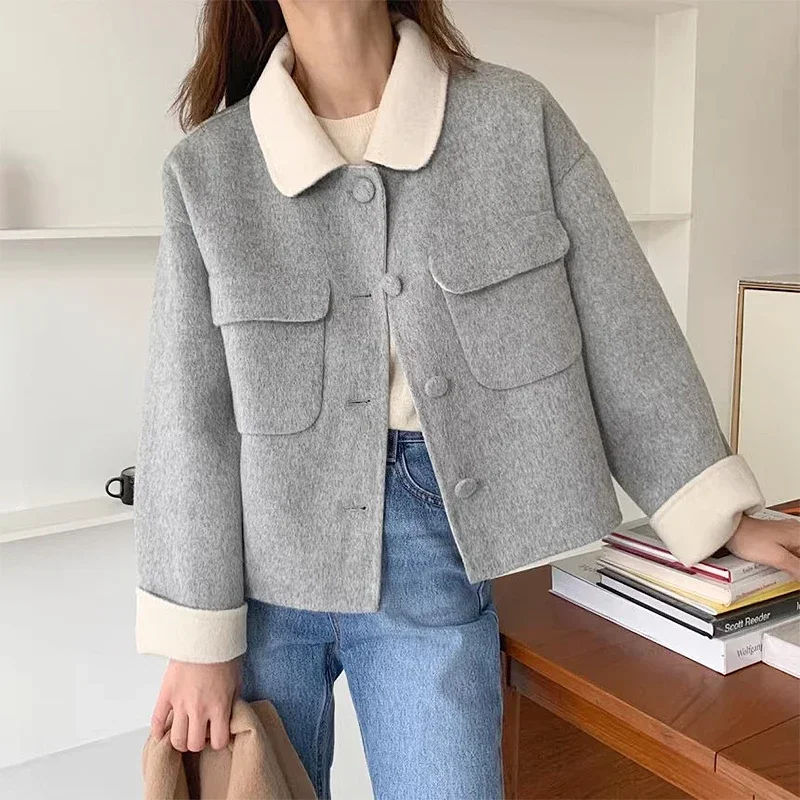 Basic Short Wool Coat Women Sweet Peter Pan Collar Loose Oversize Woolen Jackets Contrast Color Bomber Jacket 2024 Autumn New