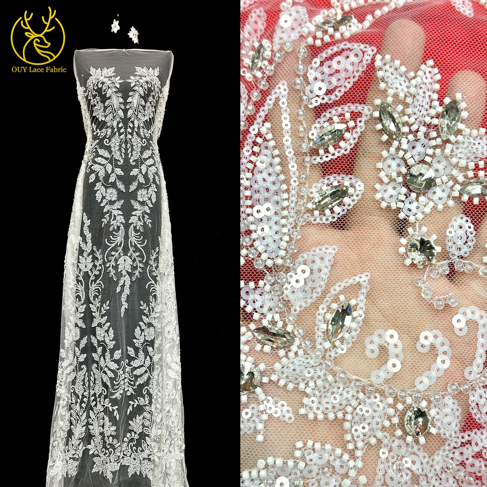 

High Quality African Stone Beaded Lace Fabric 2026 French Sequins Lace White Nigerian Mesh Lace Wedding Dress Sewing Supplies
