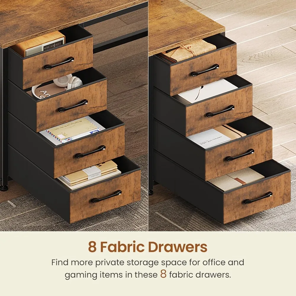 Scrivania da gioco per 2 persone da 94,5", scrivania lunga per computer da ufficio con 8 cassetti e luci a LED, scrivania per due persone con contenitore,