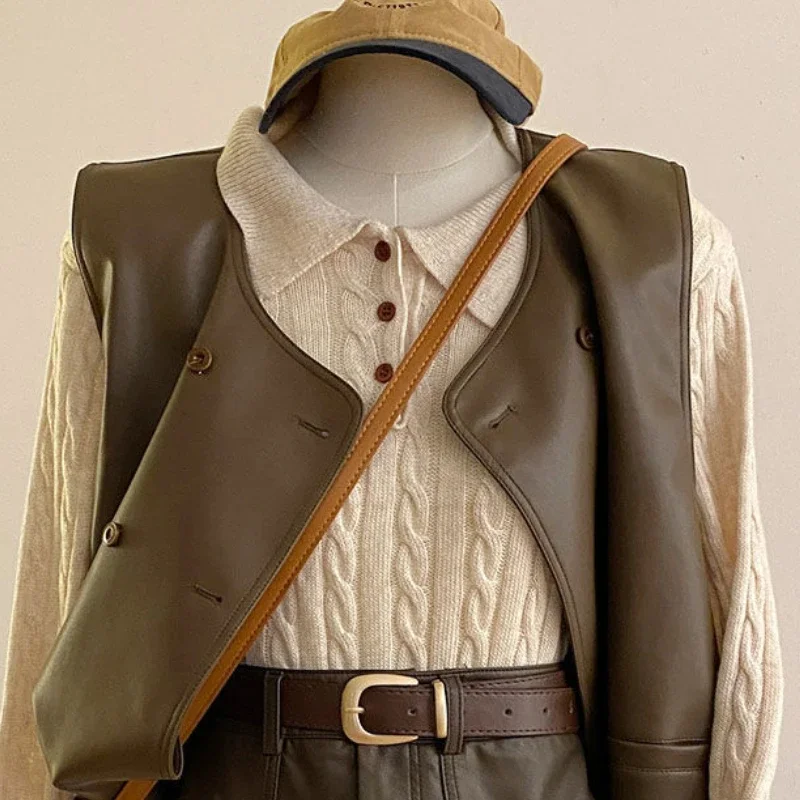 Primavera Verano Casual Retro negro abrigos chaqueta color café Color sólido doble botonadura elegancia chaleco de cuero suave cárdigan