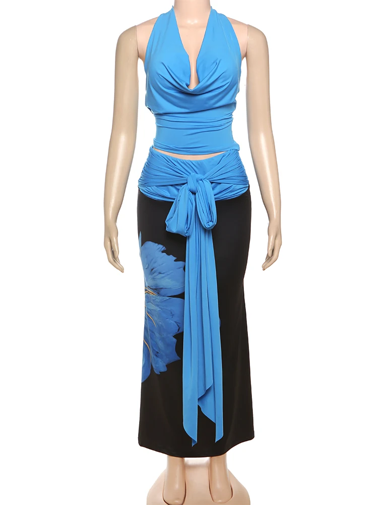 

kliou Matching High Street Women 2 Piece Set Summer Halter Backless Crop Tanks+Floral Print Maxi Skirts Mujer Ribbons Streetwear