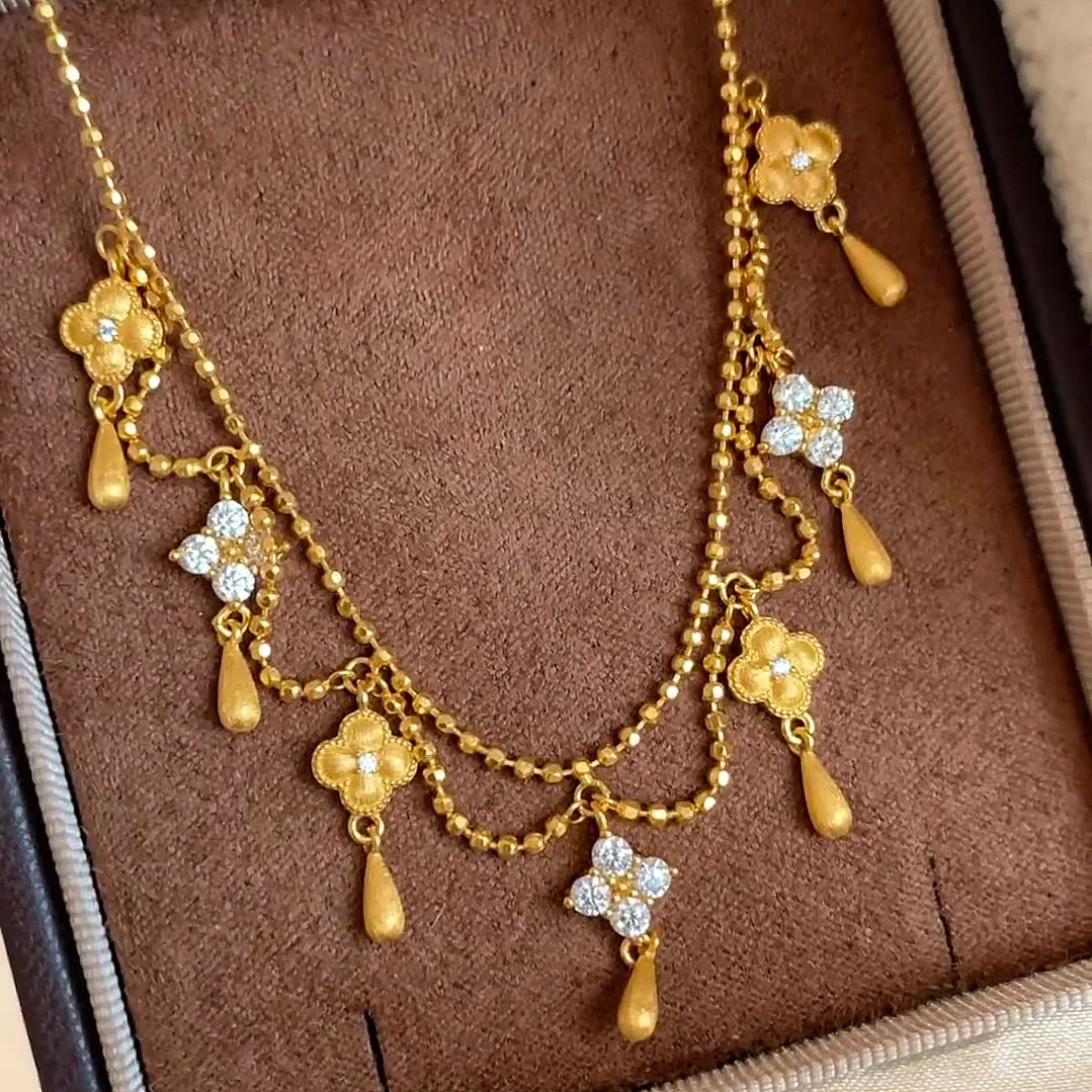 999 24K real gold water drop fringed four-leaf clover necklace for women diamond retro princess brushed clavicle chain for women