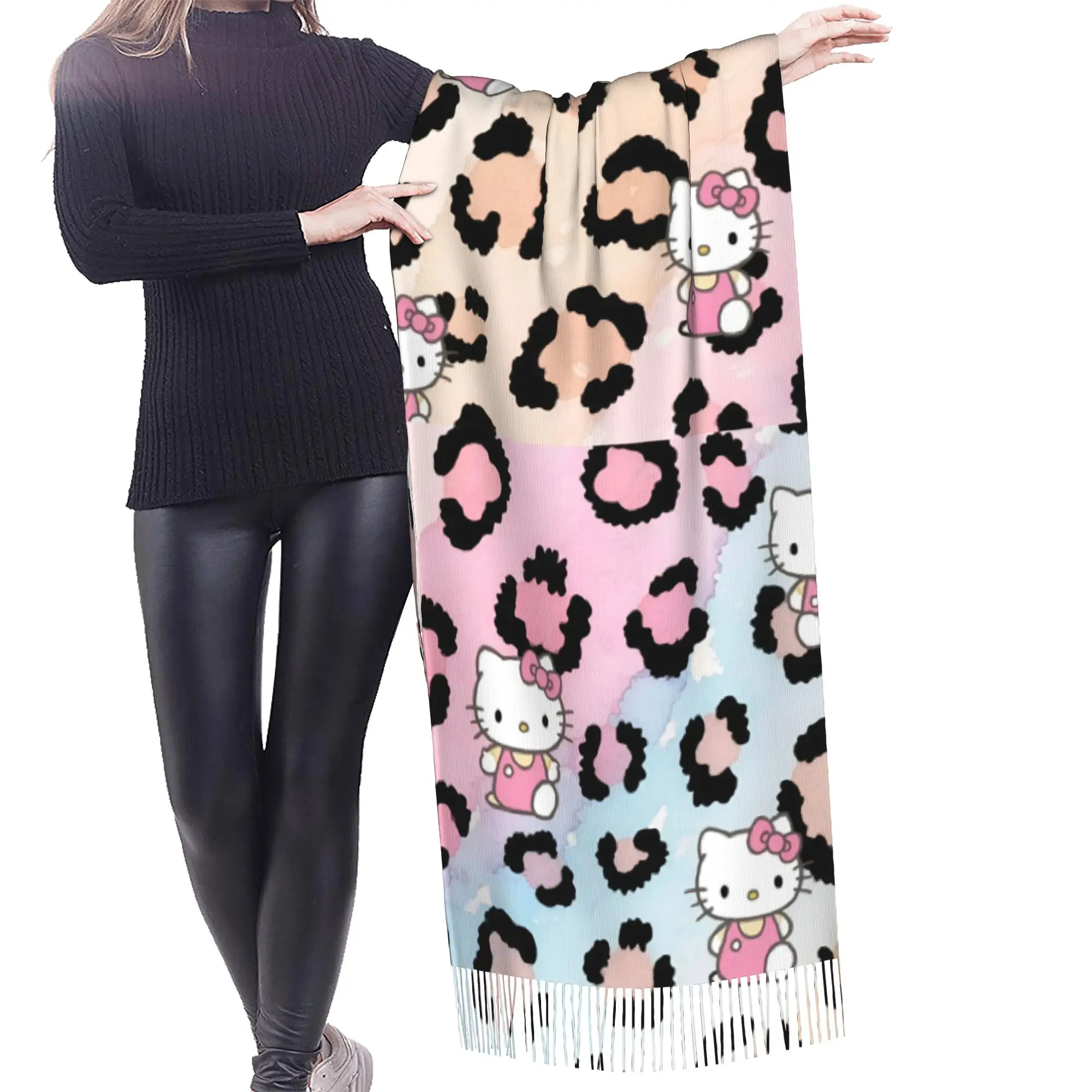 Custom Kitten Cat Cartoon Scarf Wrap Women Long Winter Warm Tassel Shawl Unisex Anime Scarves