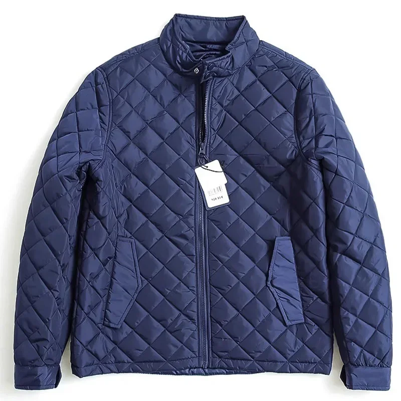 Autumn Winter Men Lightweight Quilted Diamond Plaid Cotton Jacket Waterproof Warm Casual Coat Male