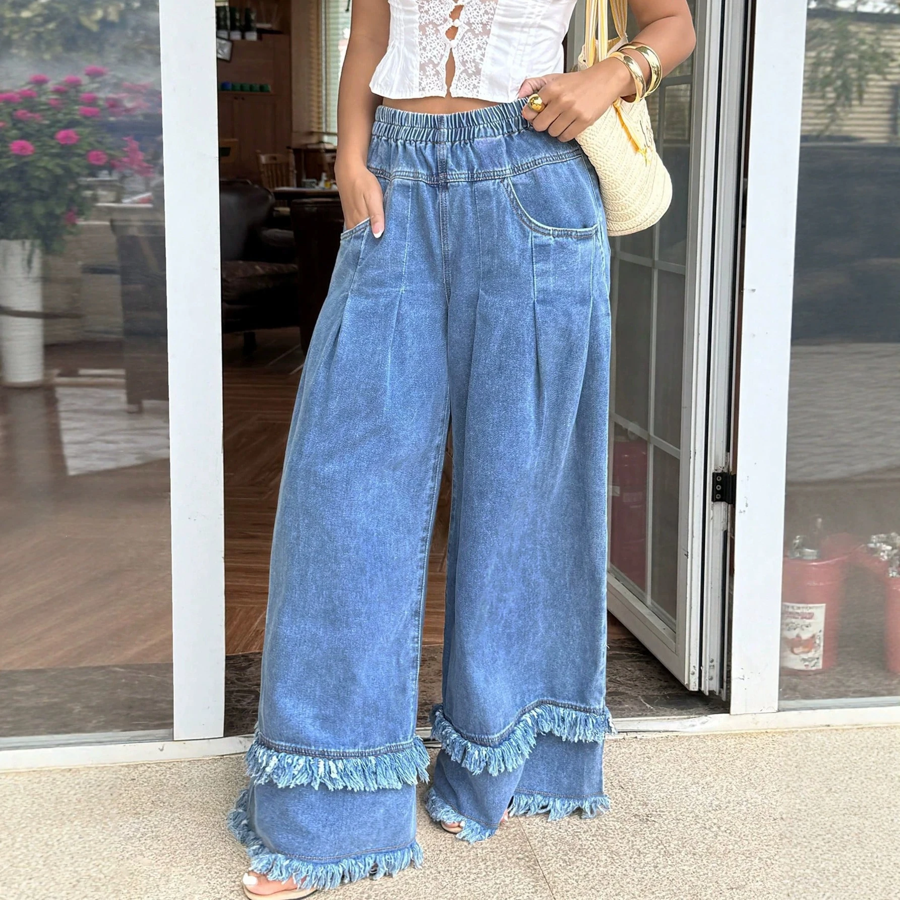 Women Elegant Double‑Layer Raw Edge Hem Jeans Elastic Waist Wide‑Leg Trousers Soft Washed Denim Casual Floor‑Length Long Pants