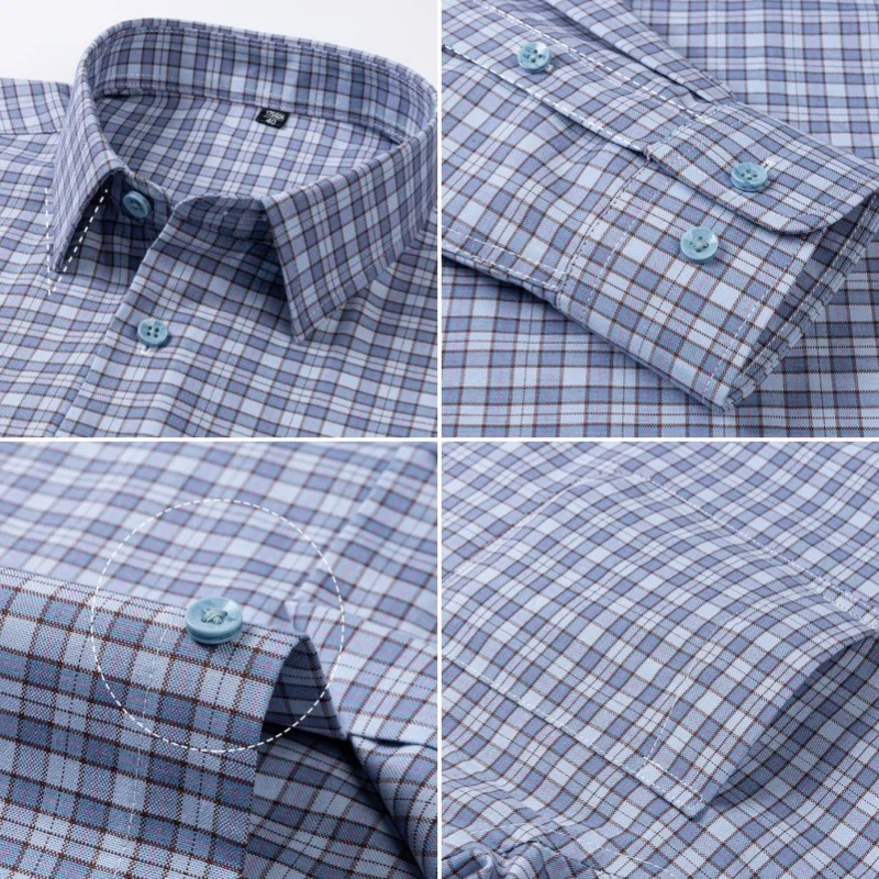 Quality 100%Pure Cotton Men Long Sleeve Social Shirt for Oxford Shirt Men Plaid Striped Work Casual Pocket Shirts S- 7XL 8XL