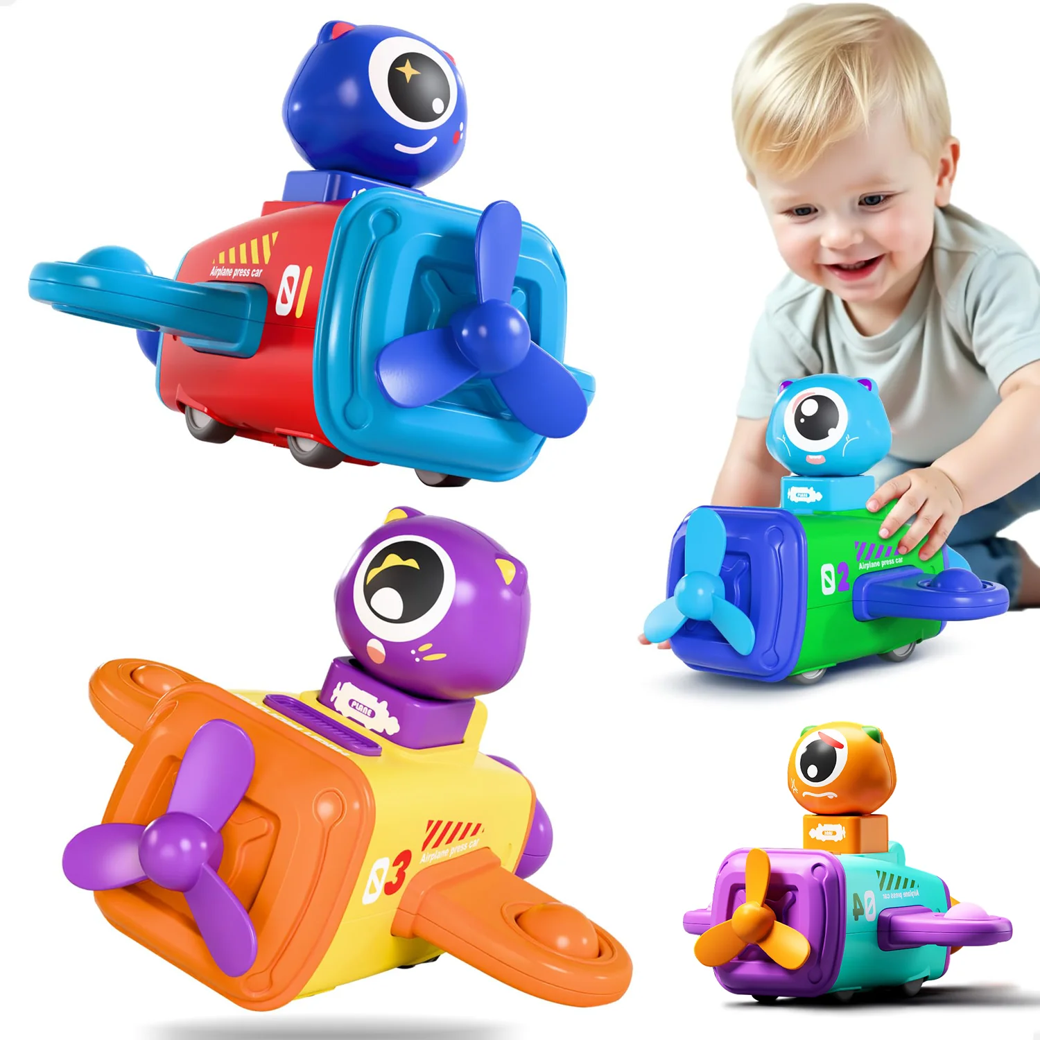 Press to Go Car Toys for 18M+, Baby Airplane Race Cars, Infant Push Go Play Vehicle Set, Boys Pull Back Friction Car, Birthday C