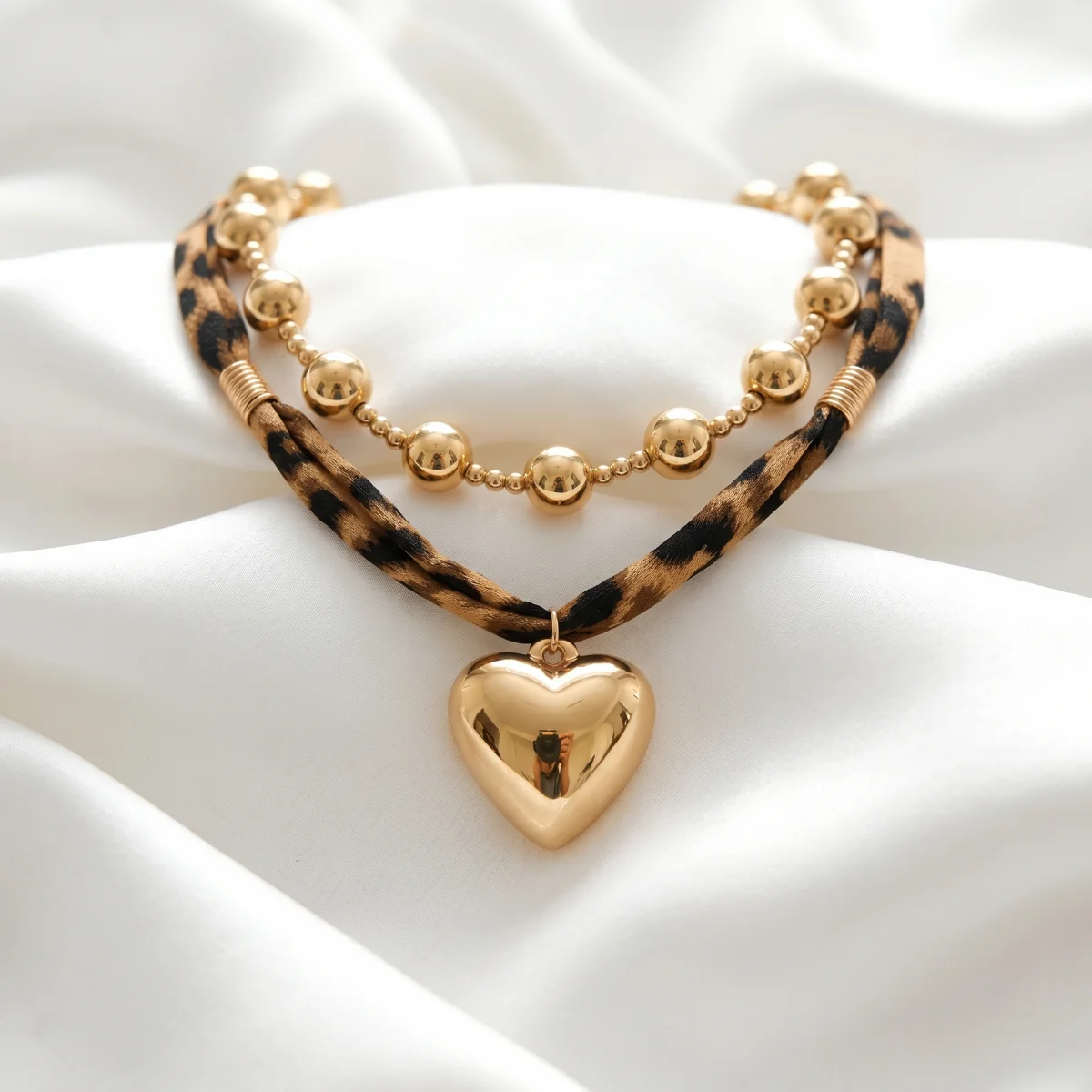 Bold Leopard Print Women's Statement Choker Necklace With Gold Color Ball Chain & Heart Pendant For Music Festivals & Parties
