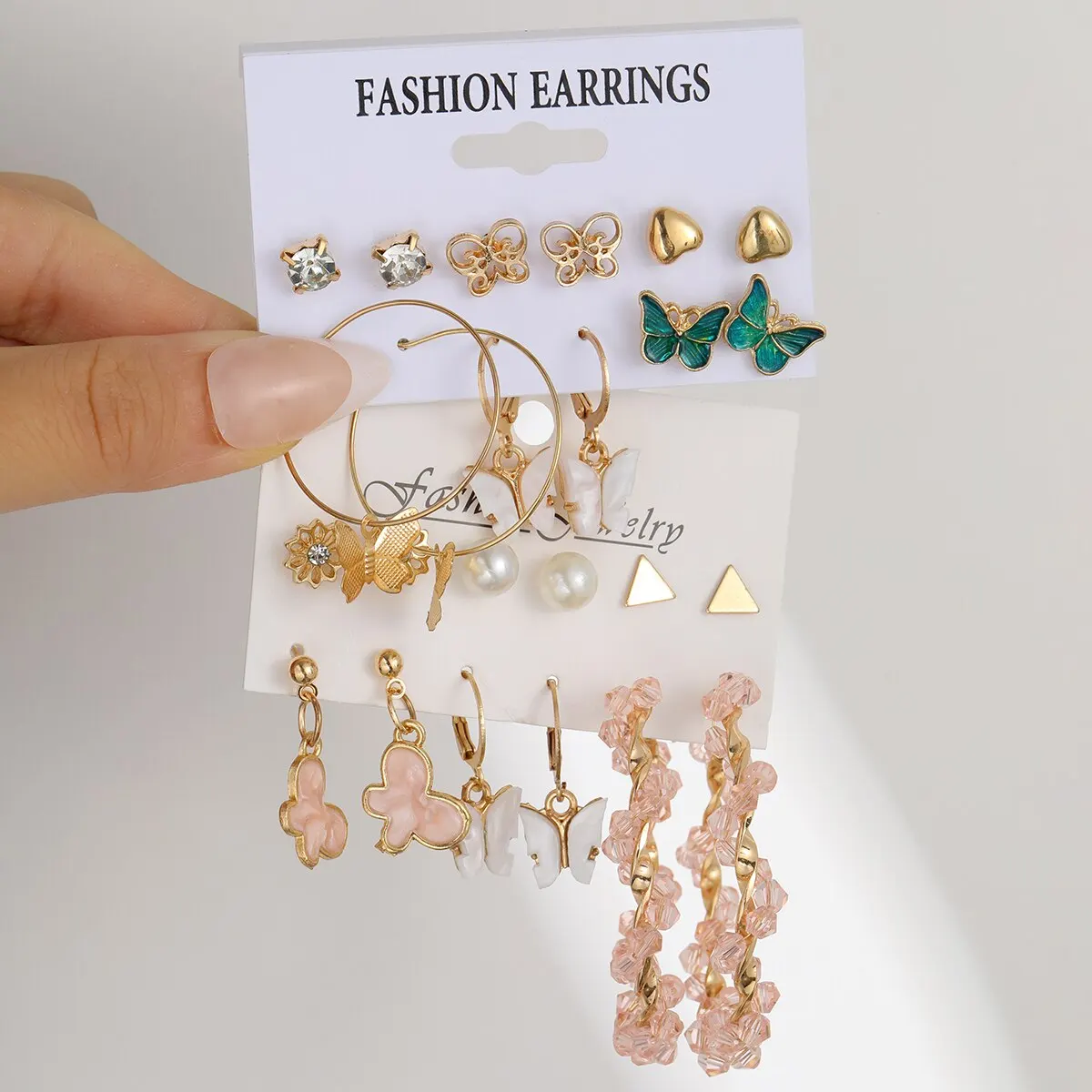 12Pcs Set Of Ladies' Earrings Temperament Party Lovely Golden Butterfly Powder Crystal Winding Earrings