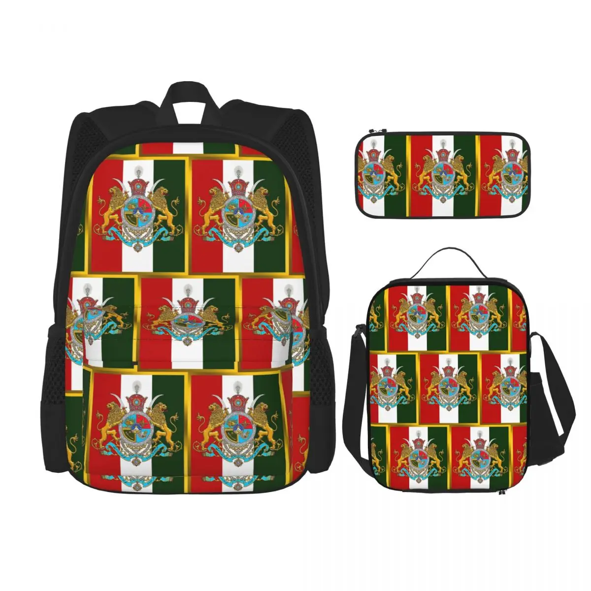 Iran Flag Emblem Persia Sun Lion Backpacks Kids Bookbag School Bags Rucksack Lunch Bag Pen Bag Three-Piece Set