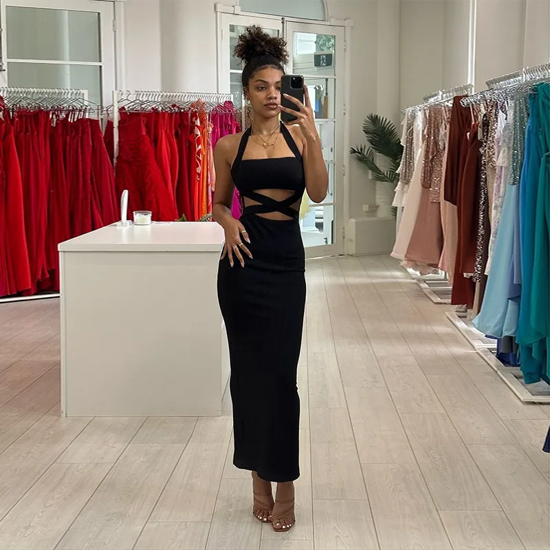 Vestido largo sexy para niña con cintura cruzada y cuello colgante para un elegante vestido envolvente en la cadera