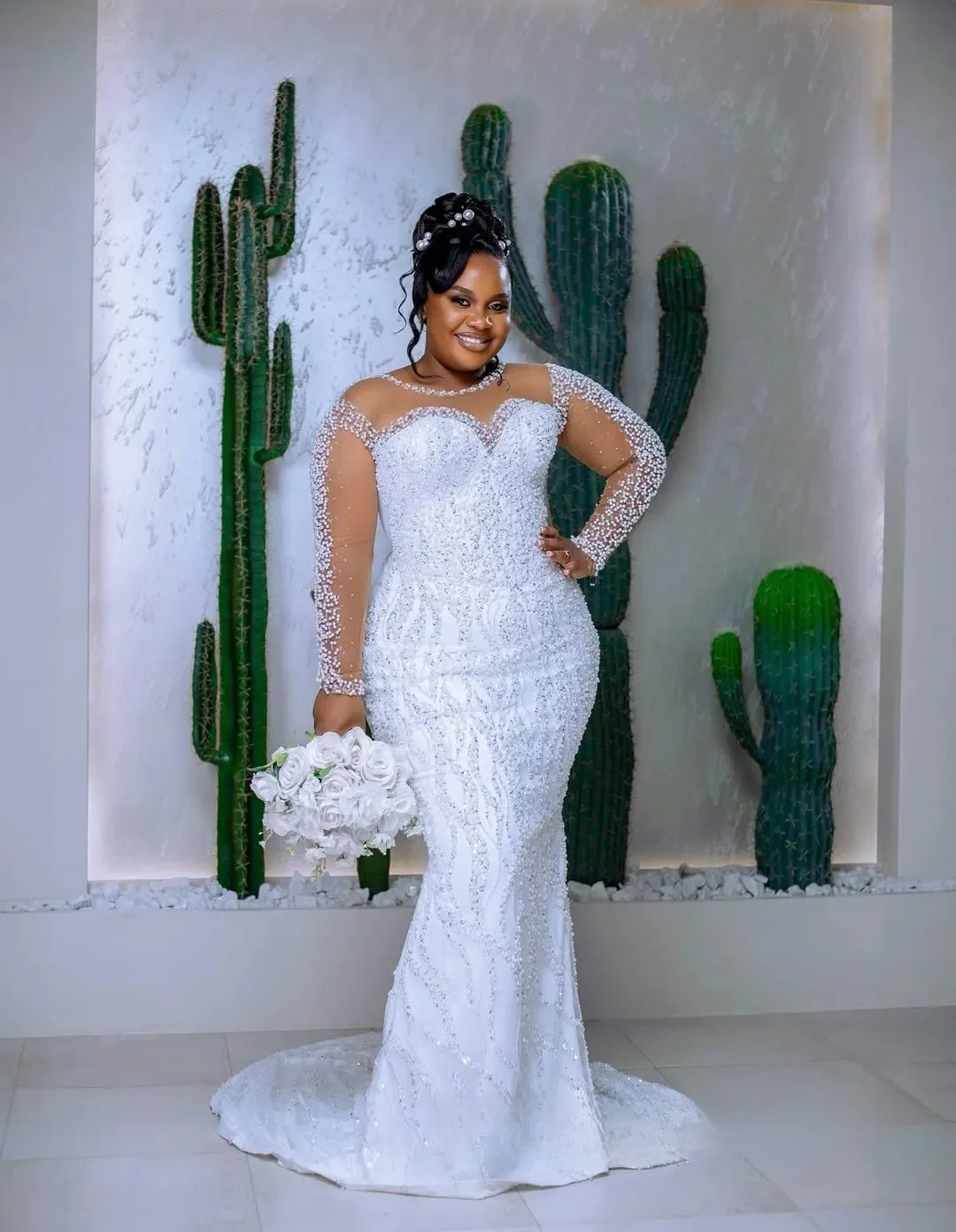 

Свадебное платье русалки по индивидуальному заказу, свадебные платья для невесты, прозрачная иллюзия, длинные рукава, аппликация из бисера, жемчуг, кружевное свадебное платье