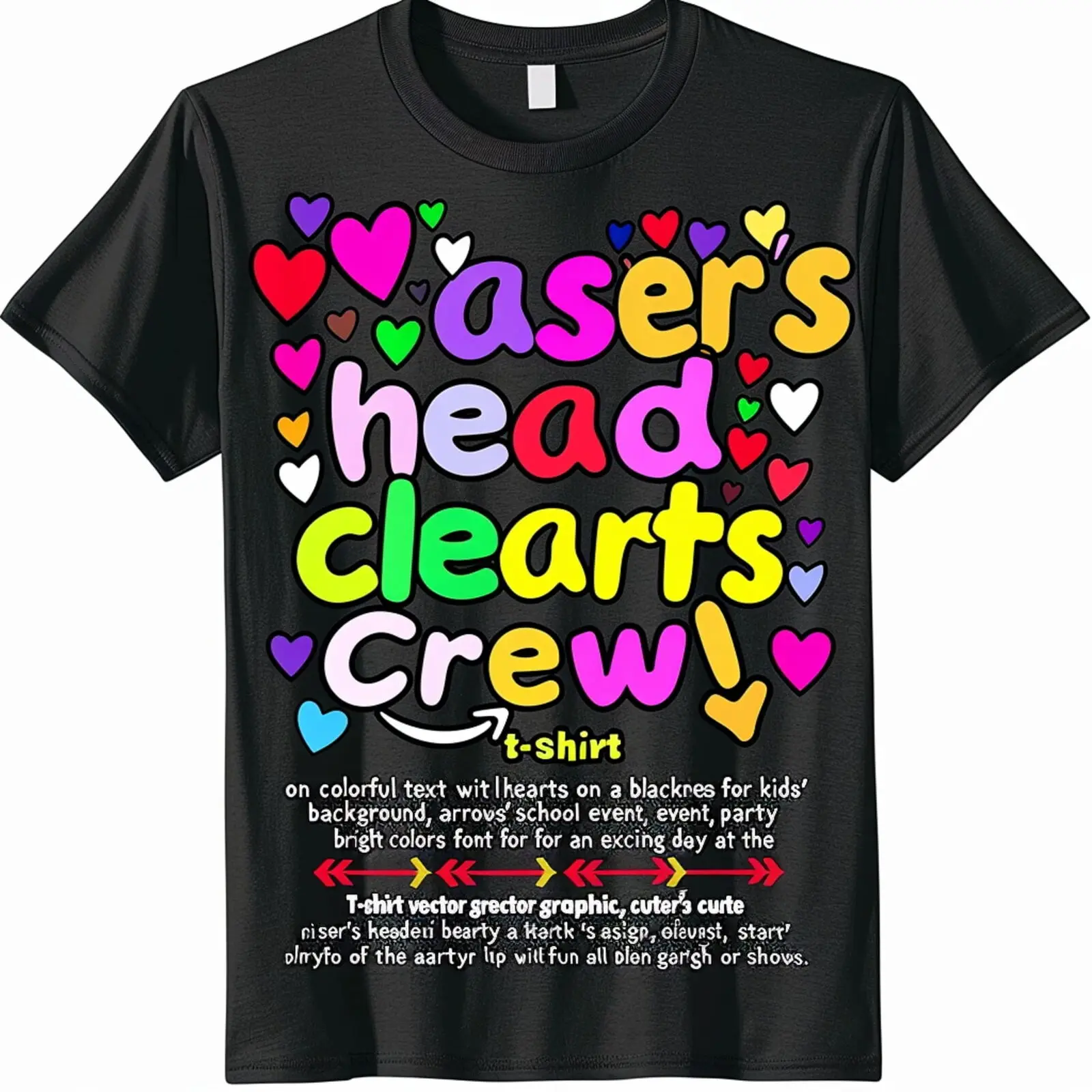 Spread Love and Fun with Our Colorful Hearts and Arrows Black Crew T Shirt