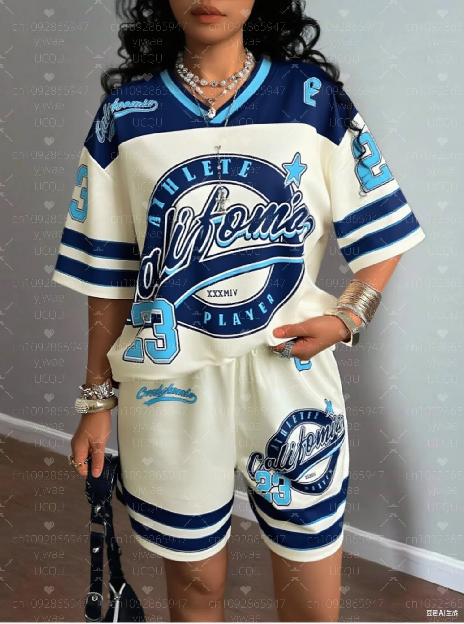 

Джерси с принтом в американском стиле California 23, костюм, женская футболка + шорты, женский спортивный костюм, комплект из 2 предметов, женская одежда