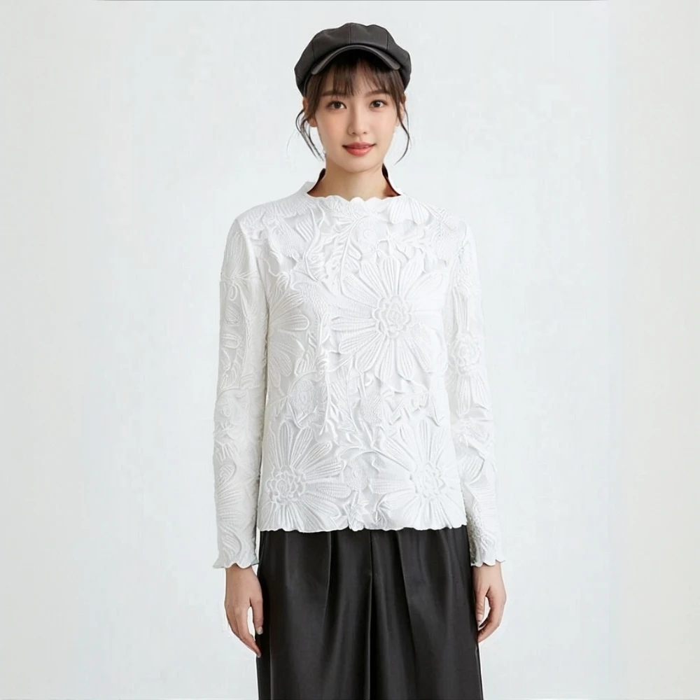 

Miyake Pleats New Spring and Summer Stand-up Collar Long-sleeved T-shirt Top Women's Pleats Embossing Pleats Process Looks Thin