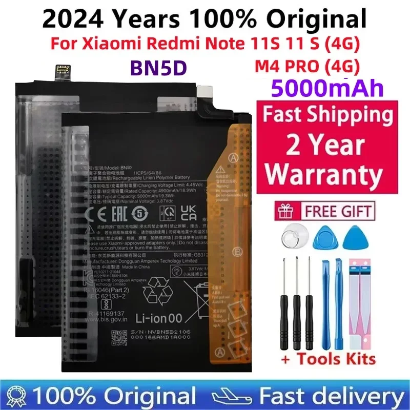 

For Xiaomi-Redmi Note 11 S and 4G Mobile Phone Batteries, 100% Original New Battery, 5000mAh, BN5D, 4G, M4 PRO, 2024 Years