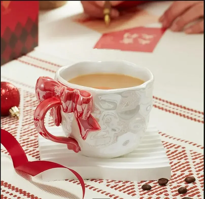 Romantic Bow Ceramic Mug Coffee and Milk Cups Girls Drinking Water Dessert Handle Cup Teacup