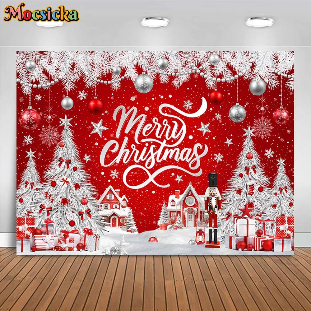 

Mocsicka Merry Christmas Backdrops Red Wall Snowflake Winter Pine Tree Xmas Party Decorations Family Portrait Photo Background