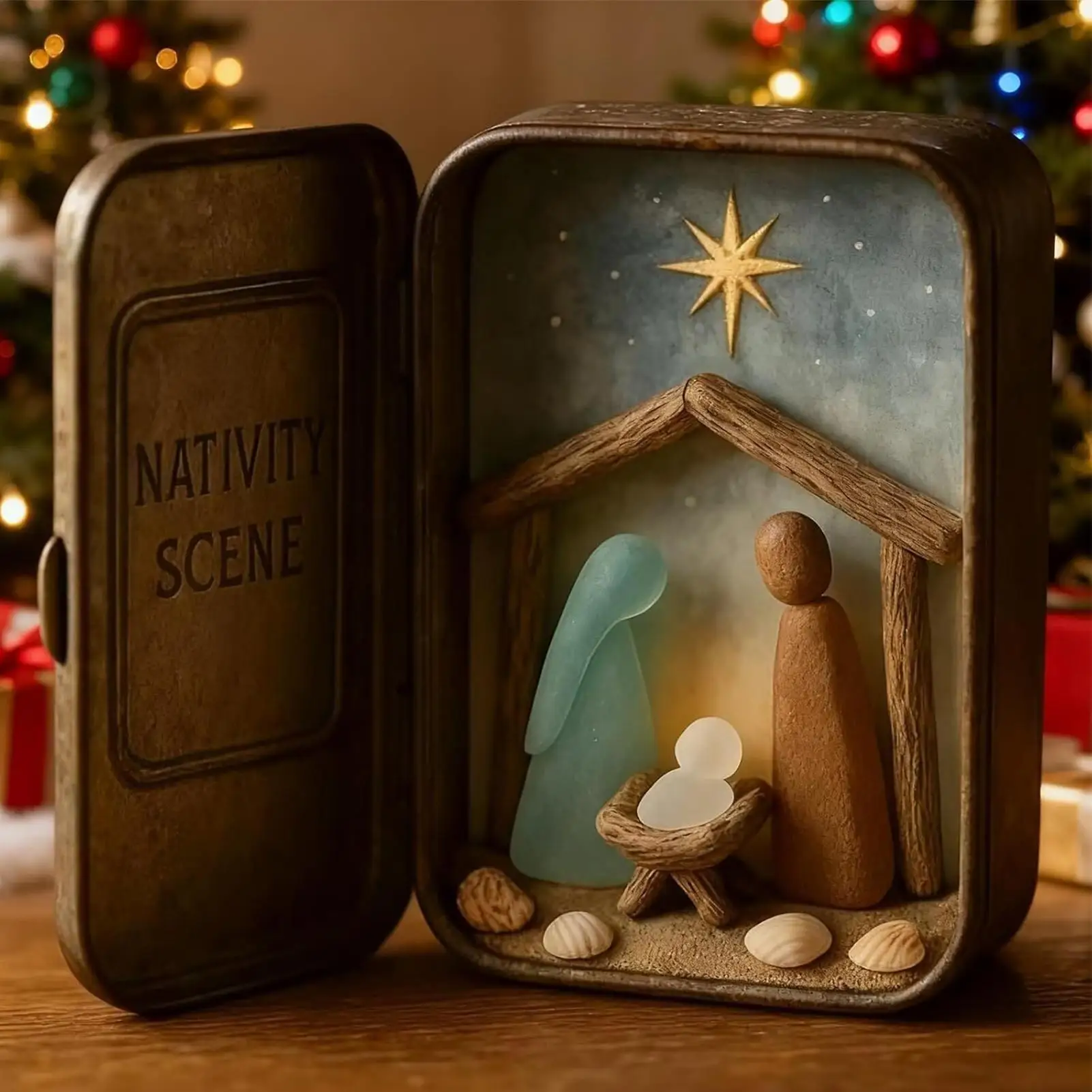 Nativity Figurines Handcrafted Religious with Sea Glass Mini Manger Nativity Scene Christmas Decor for Home Decor Desk Shelf