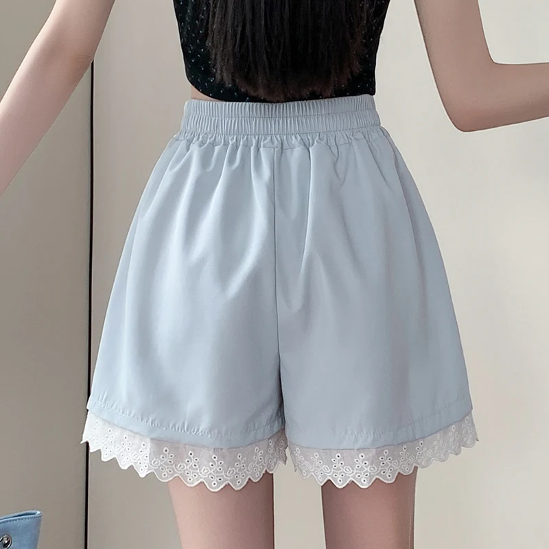 Summer Women Lace Shorts Elastic Waist Loose Casual Bottoming Shorts Pocket Sweet Shorts
