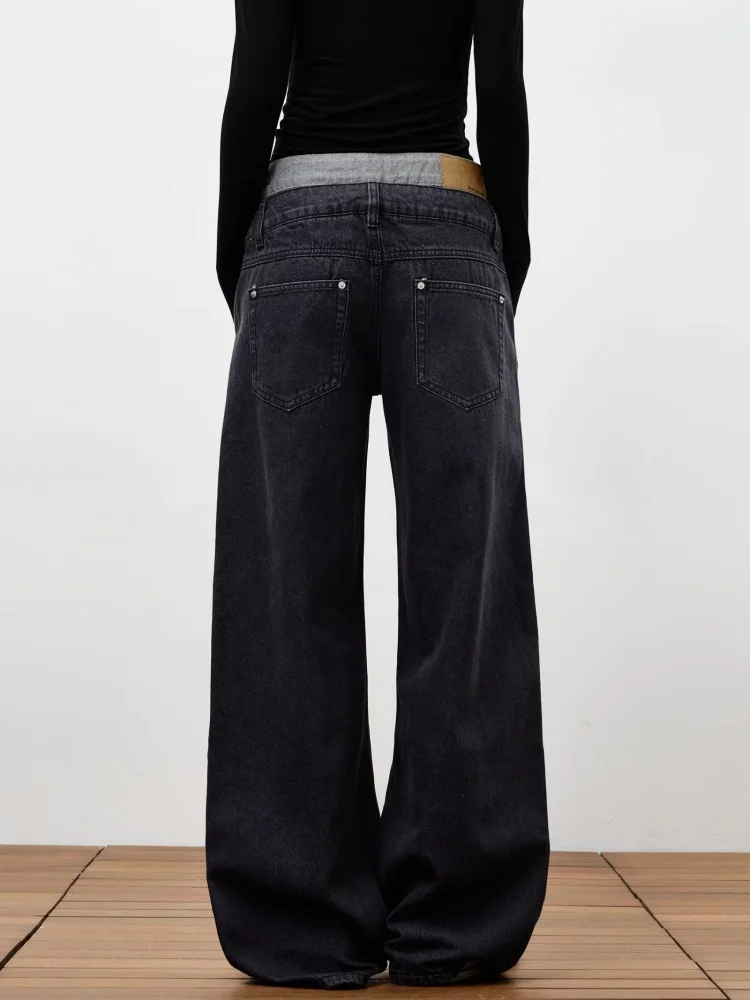 2025 Trend Y2K New Fashion Double Waistband Black Grey Baggy Women's Jeans Pants For Woman Clothes Straight Cotton Long Trousers