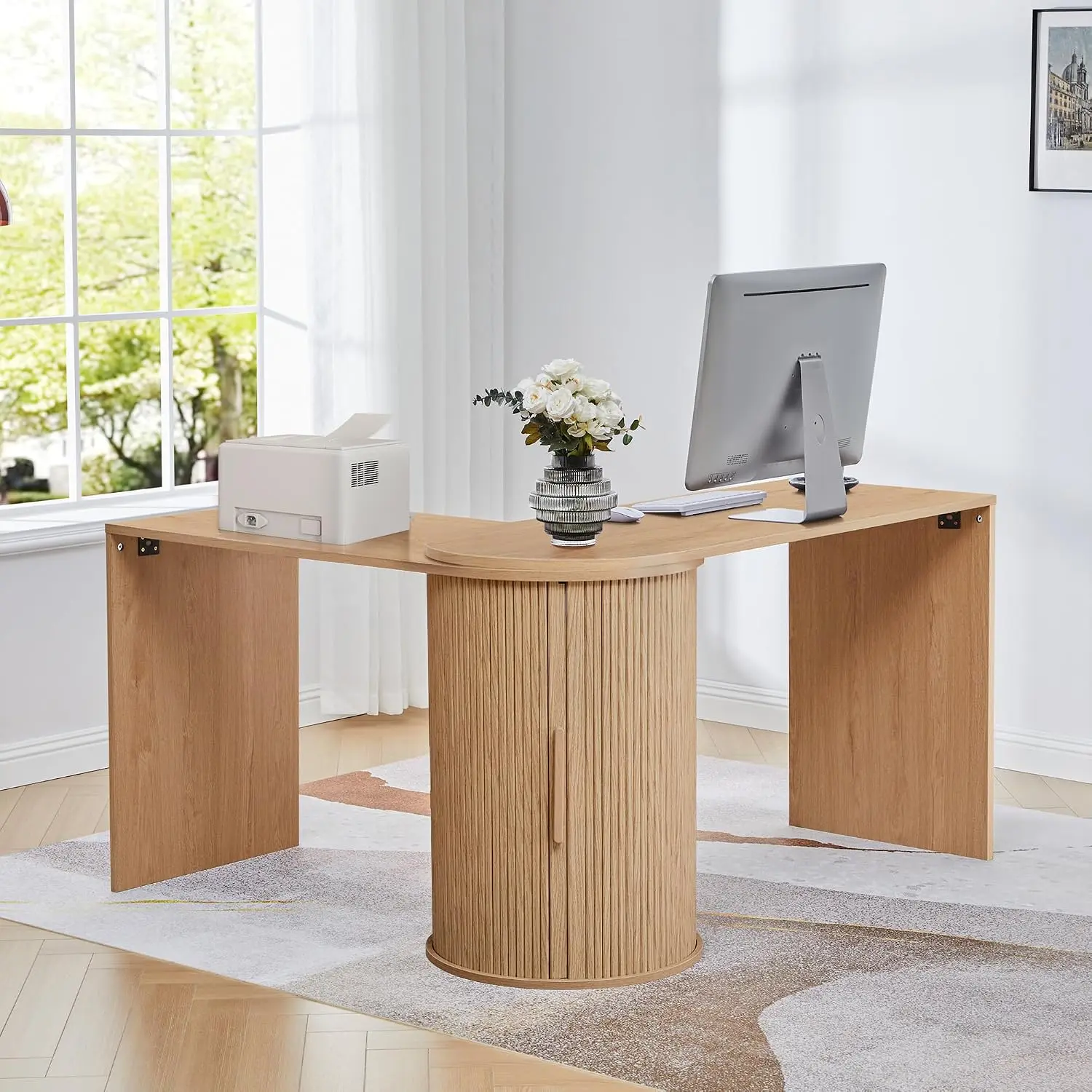 Fluted L Shaped Computer Desk With Storage For Small Space Home Office Bedroom Study Work, Natural Wood, Customized