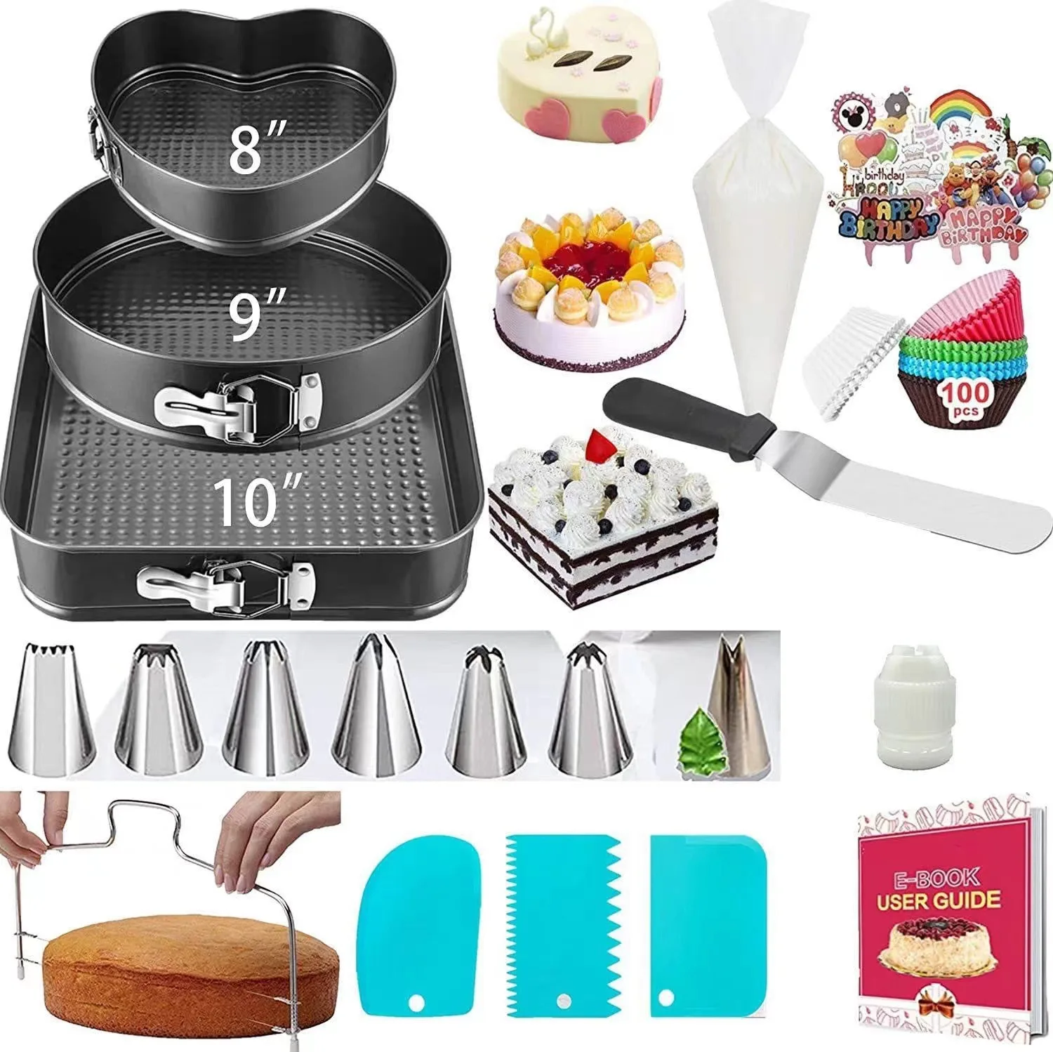 216pcs Bakeware Pan Set Non stick 8/9/10 Inch Cake Tray Kit Scraper Cupcake Cup Piping Tips Decorating Tools For Baking and Cake