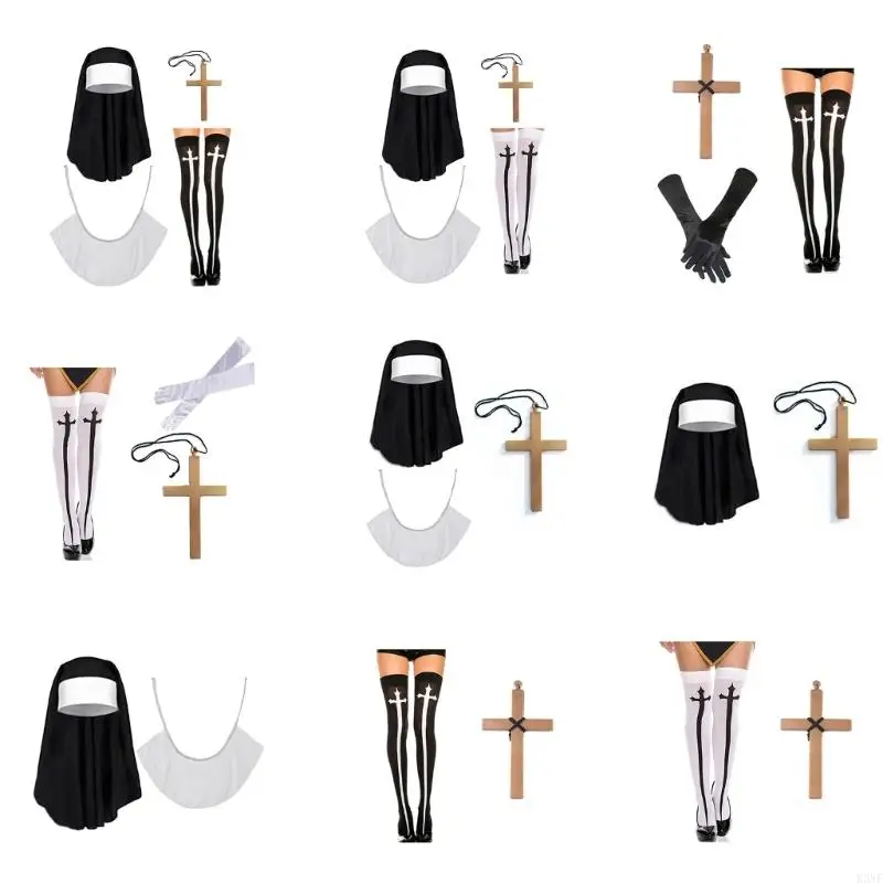 

K3NF Nun Costume Set,Nun Hat,Nun Collar Pendent Necklace,Thigh High Socks for Halloween Cosplay Carnival Theme Party