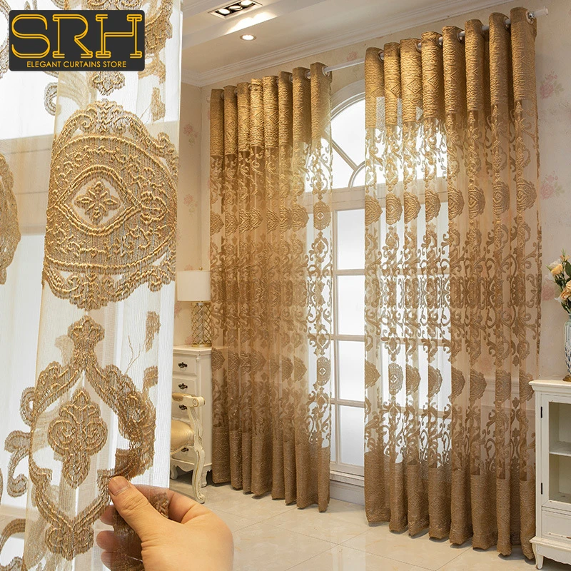 

High-end Luxury Window Screen European Hollow Villa Brown Blackout Embroidered Yarn Custom Bedroom Living Room Decor Gold Tulle