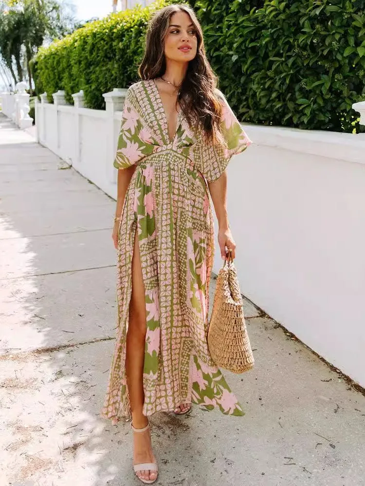 

Summer Women's Sexy High-waisted Fashion Printed Split Dress New Slim Temperament V-neck Bat Sleeve Comfortable Casual Dresses