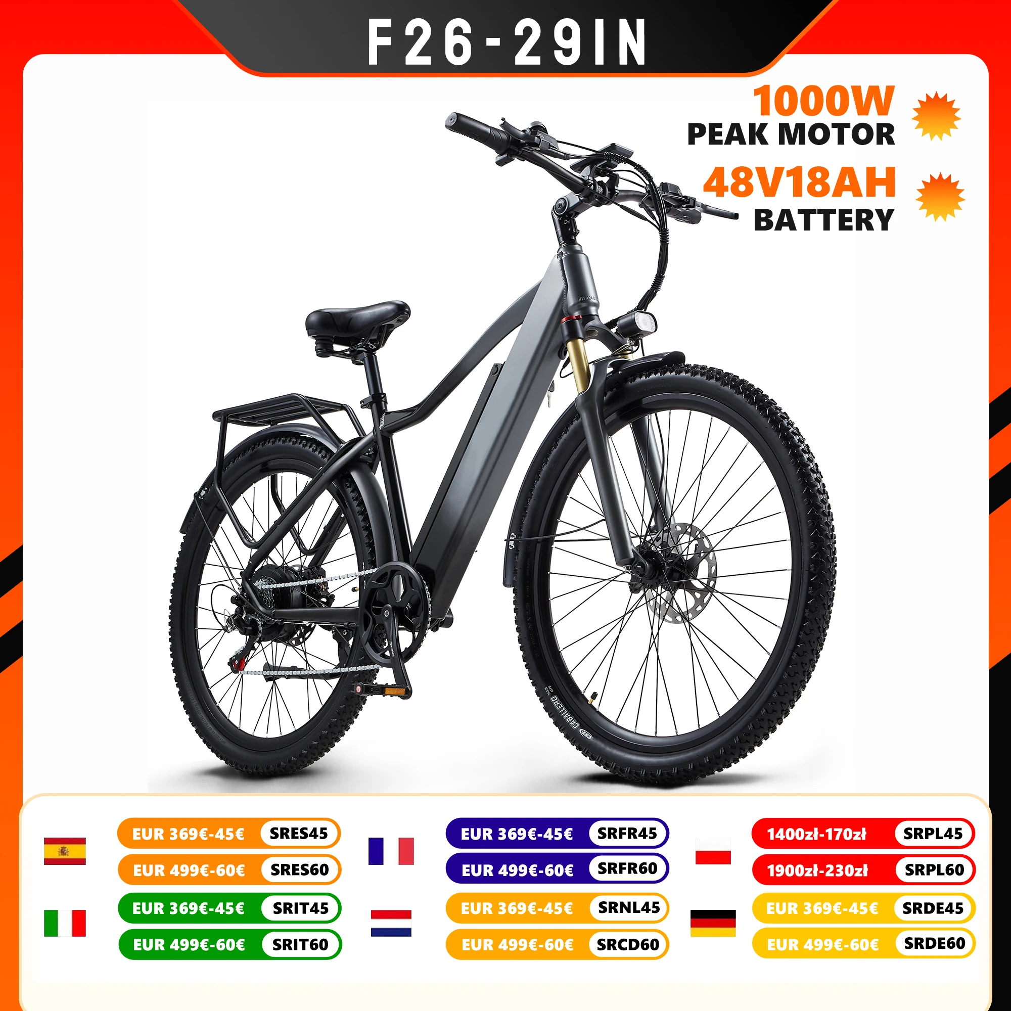 Vélo électrique 29''/27,5 pouces, moteur PEAK1000W, vélo de montagne électrique, freins hydrauliques, batterie 48V 18Ah, vélo électrique tout-terrain, frein à huile