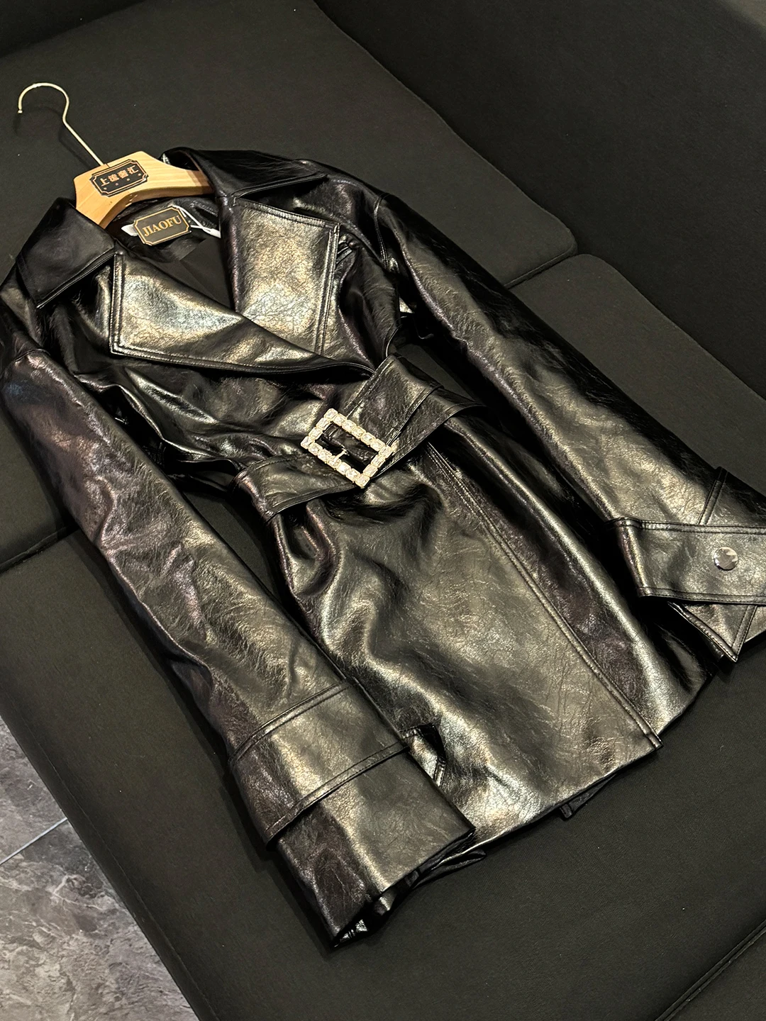 

Busin Commuter Sle Bla Mid-Length Leather Jaet Women's Slim Fit Waist Belted Suit Collar Outerwear WY855