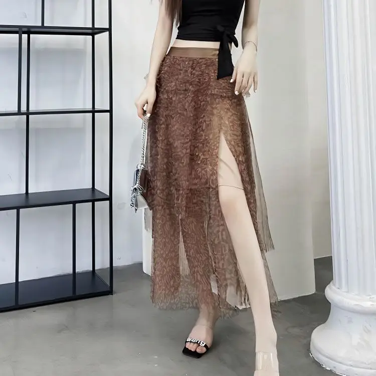 Summer New Leopard Mesh Half Skirt Multi Layered Irregular Mid Length High Waist Split Two Piece Set Trendy