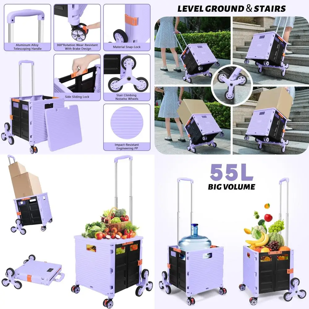 

Portable Folding Utility Cart with Stair-Climbing Wheels, 360° Swivel, Telescoping Handle, and Plastic Box for Travel, Shopping,