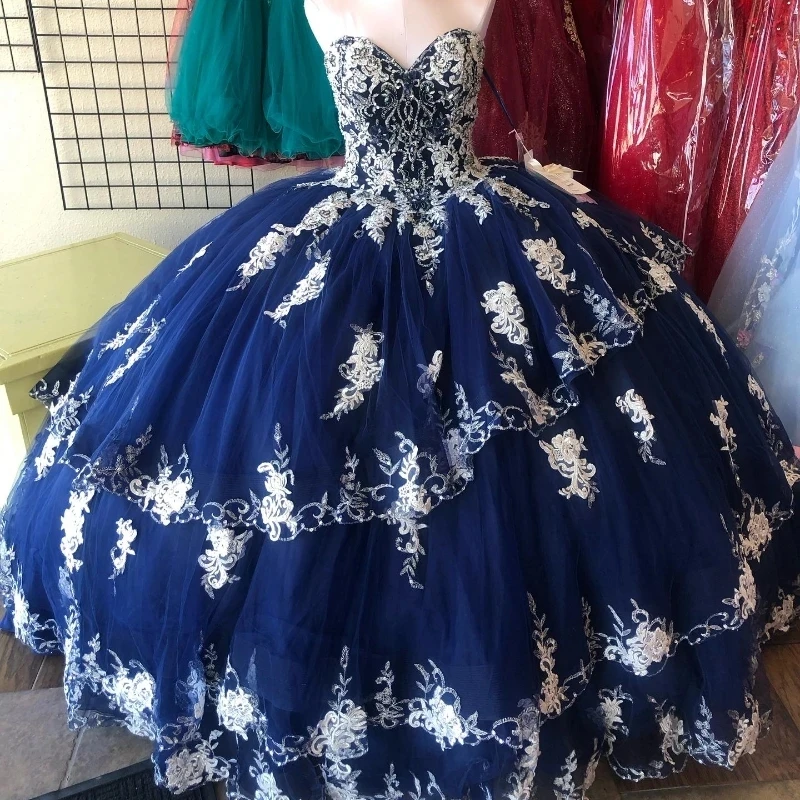 

Navy Blue Quinceanera Dress 2024 Sweetheart Beaded Appliques Lace Ball Gown Sweet 15 16 Years Birthday Party Bridal Gown