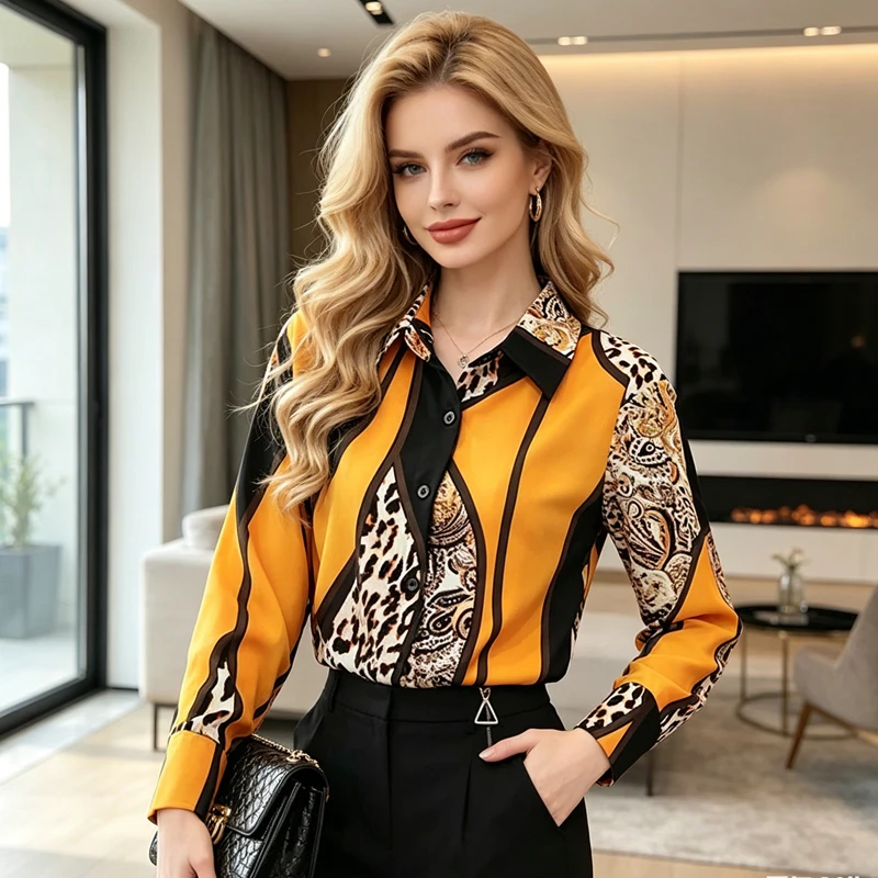 

Элегантная женская блузка с длинным рукавом и леопардовым принтом, желтая, в стиле пэчворк, на пуговицах, весна-лето 2026