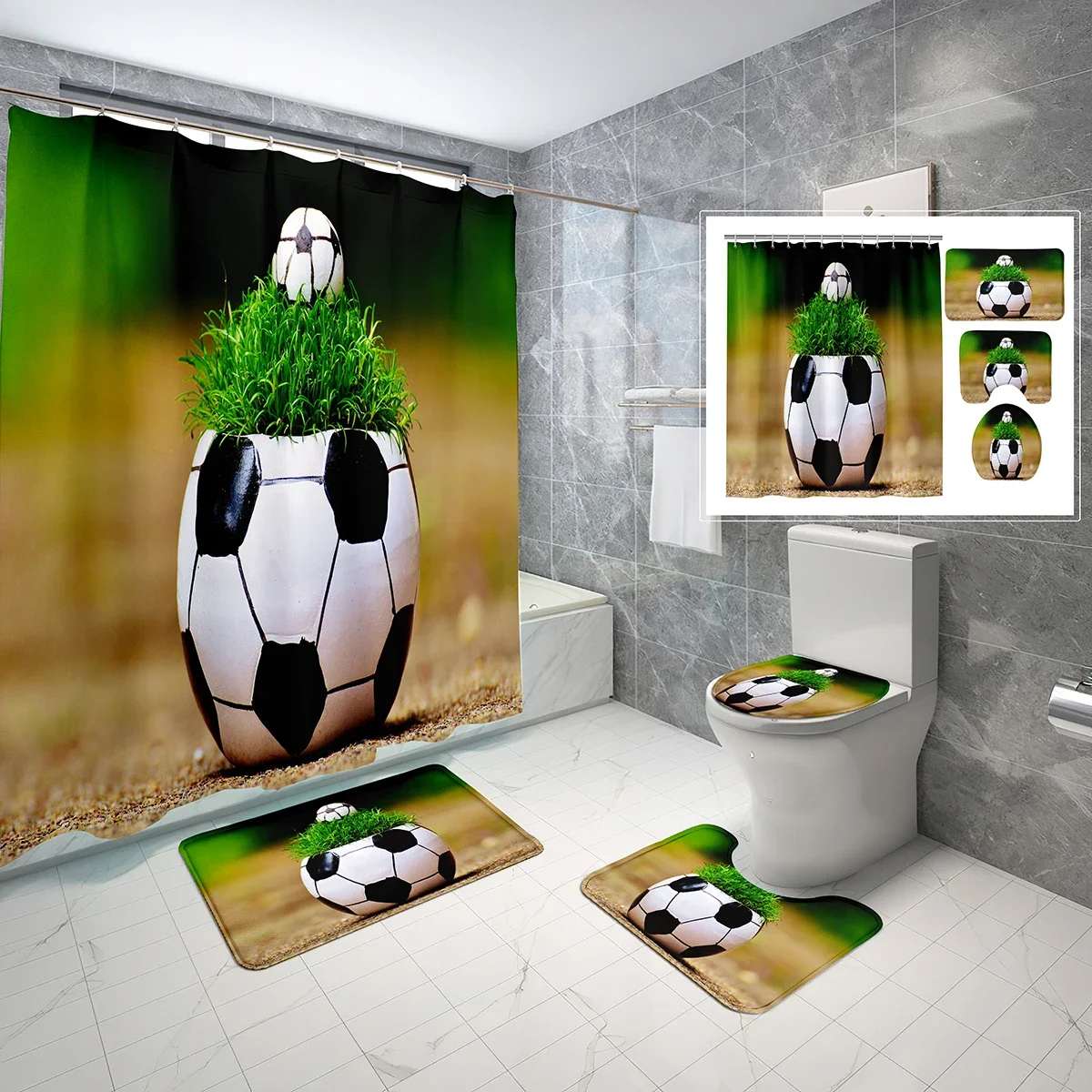 Youth Sports Shower Curtain Set Creative Football 4 Pcs Shower Curtain Bathroom Non-Slip Bath Mat Toilet Cover Curtain Set