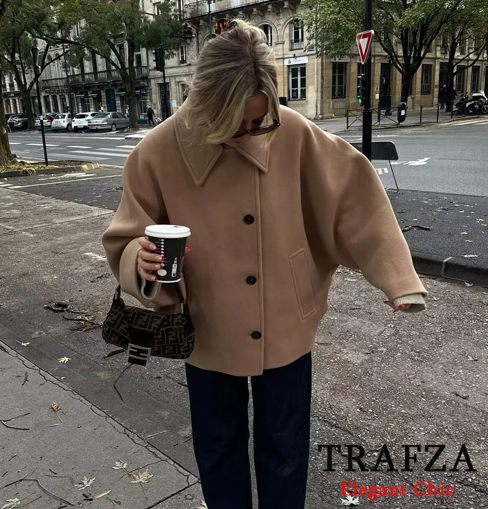 TRAFZA-Women Fashion Soft Tweed Coat Lapel Buttons Solid Coat New 2024 Autumn Winter Casual Commuter Outing Street Coat